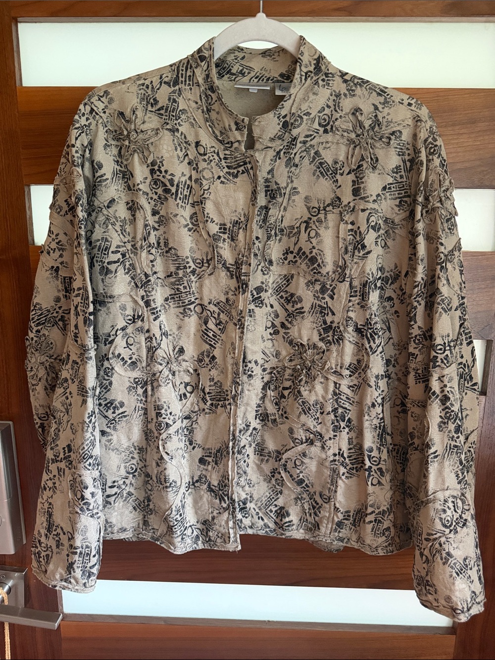 Chico's Beige Jacket with Black Floral Print